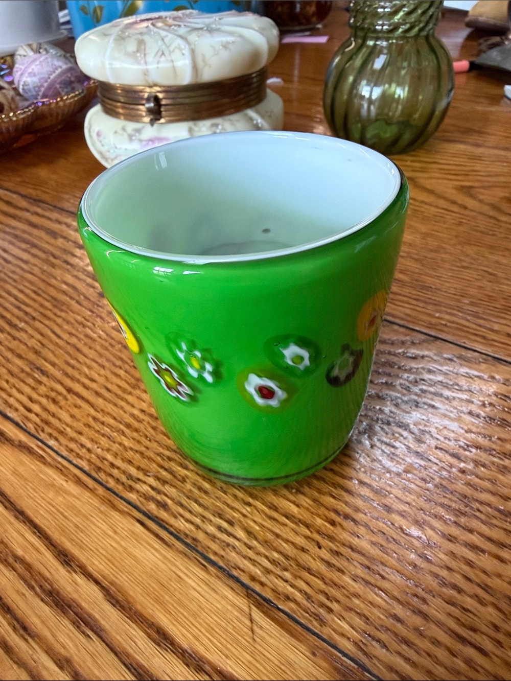 Tozai Home green Murano Style Millefiori tumbler. Vintage reproduction.